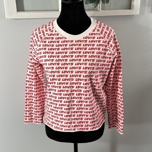 Levi’s All Over Spell Out Crop Sweatshirt Raw Hem Red White Cozy Casual S NWT - Picture 11 of 11